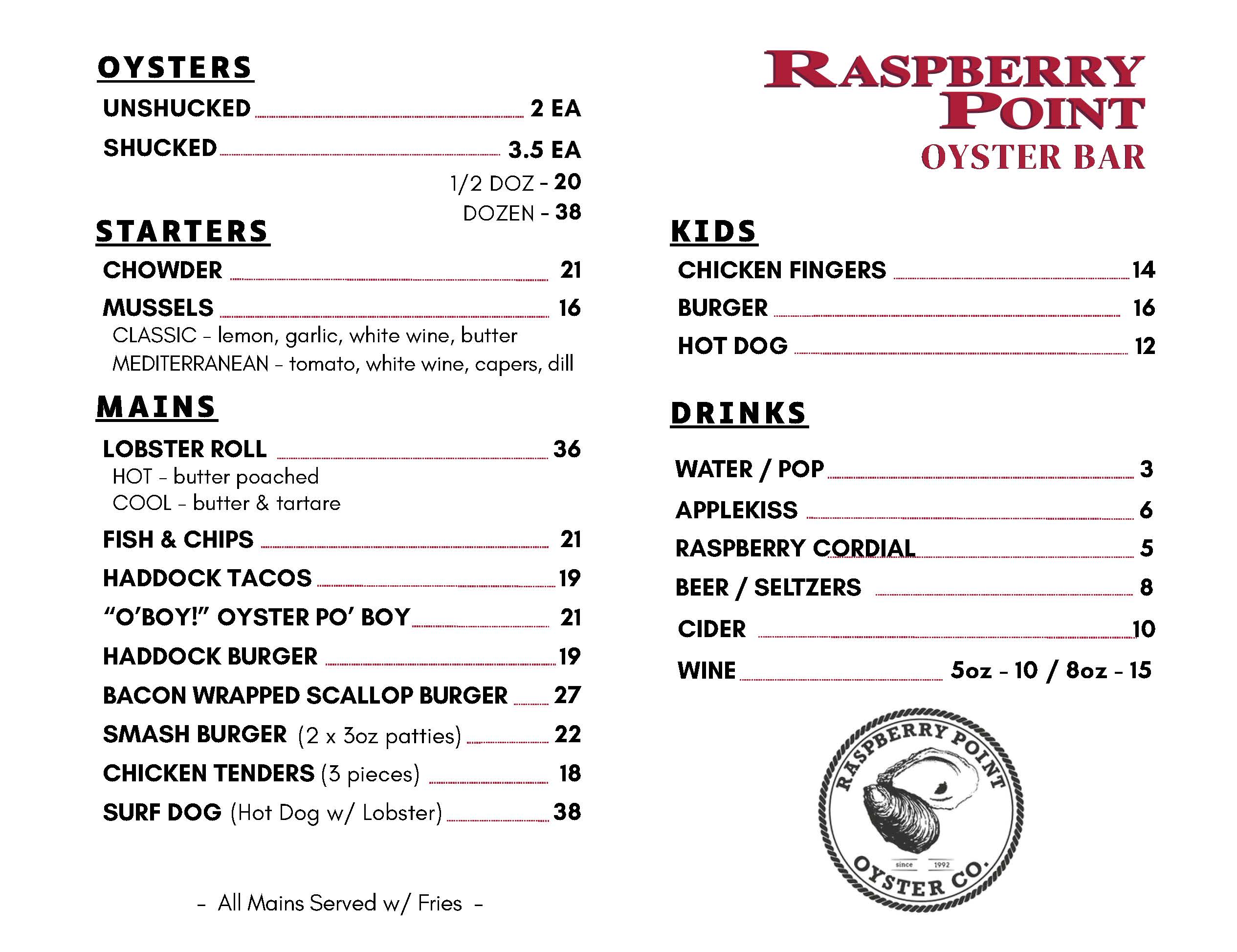 RPO Oyster Bar Menu 2026